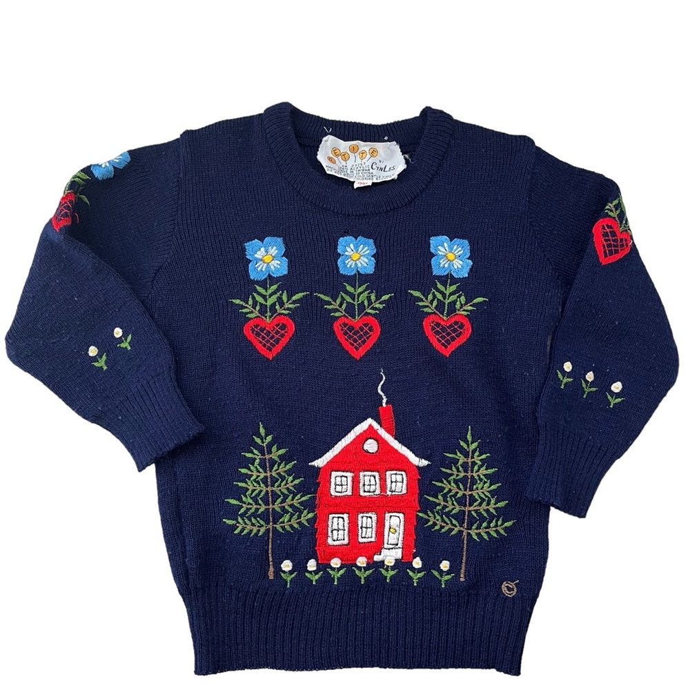 Vintage Cyn Les Petite 3T Novelty Sweater House Floral Design